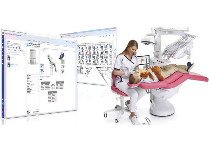 En tandlæge sidder ved en dentalunit i gang med en behandling og to digitale screenshots af forskellige måle og management vinduer fra Rmoexis Clinic Mangement it softwaren
